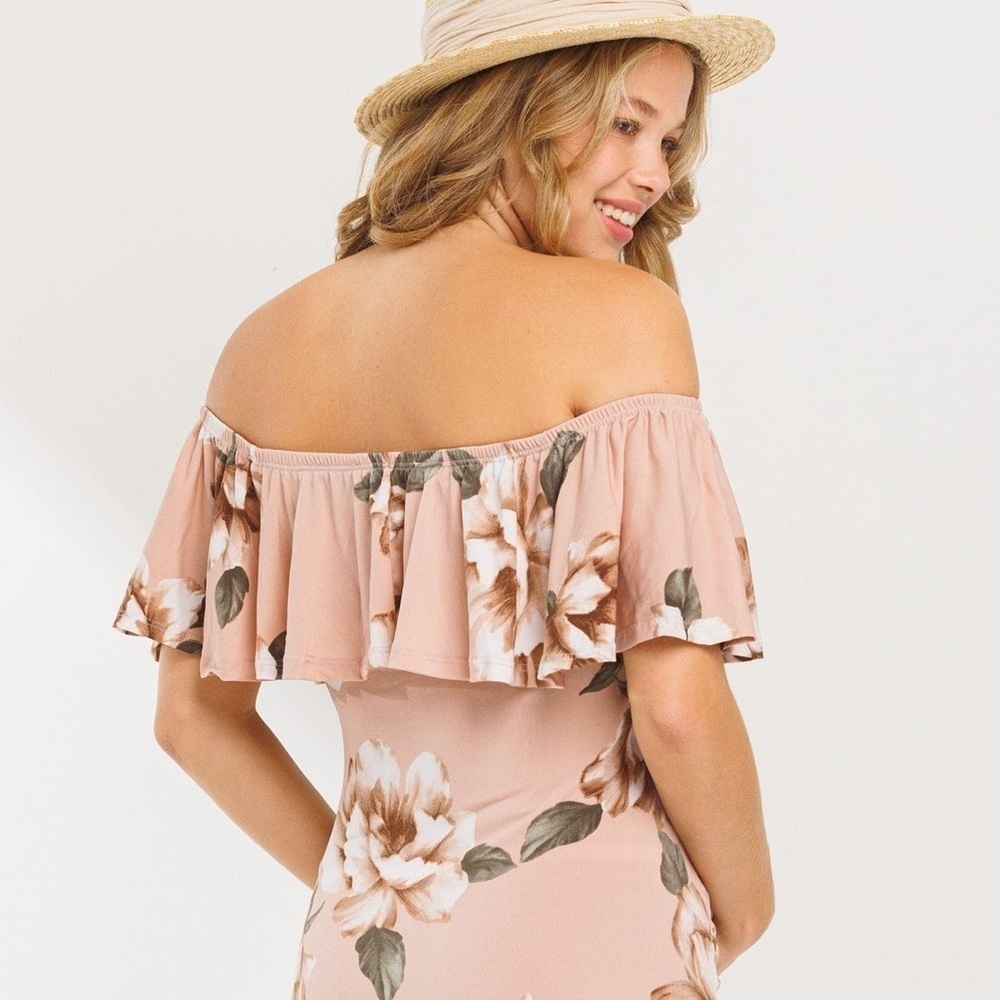 Floral Off Shoulder Bodysuit Magnolia Texture Print Snap Closure Romantic Girly